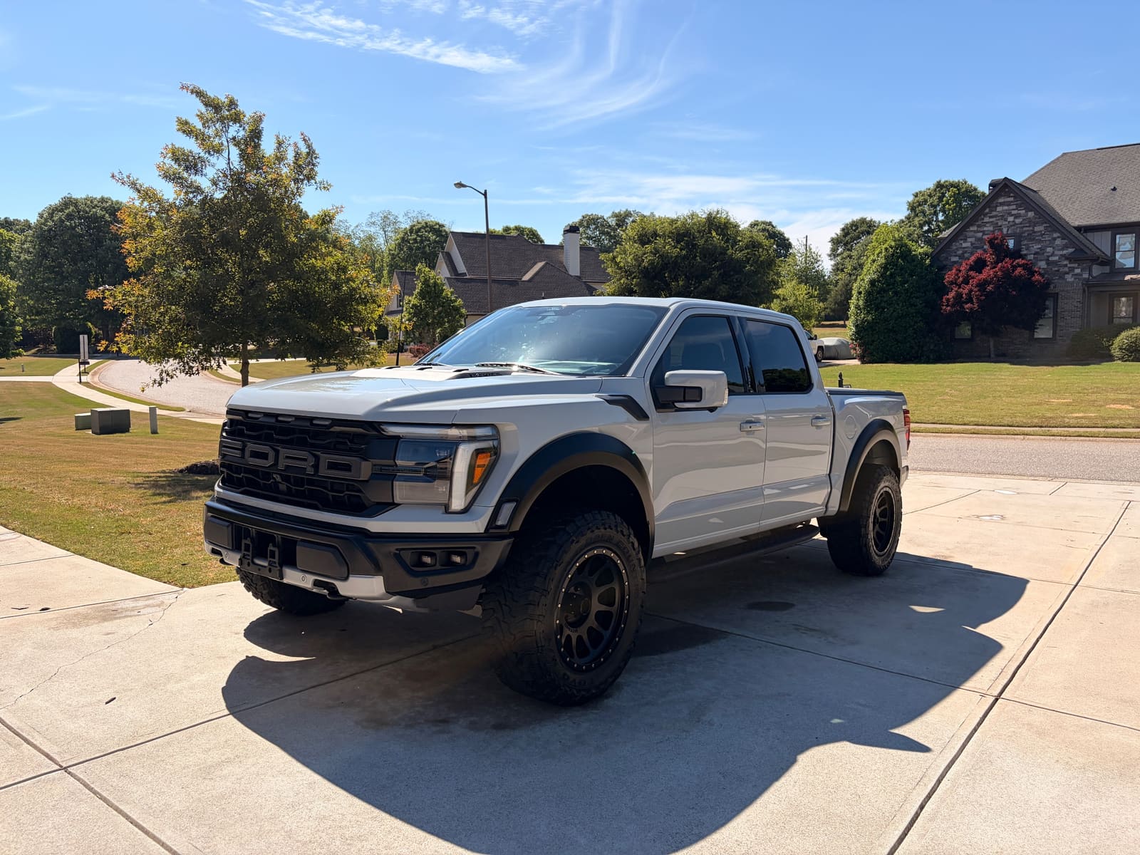 Grey Ford F-150 Raptor cleaned and parked on a driveway